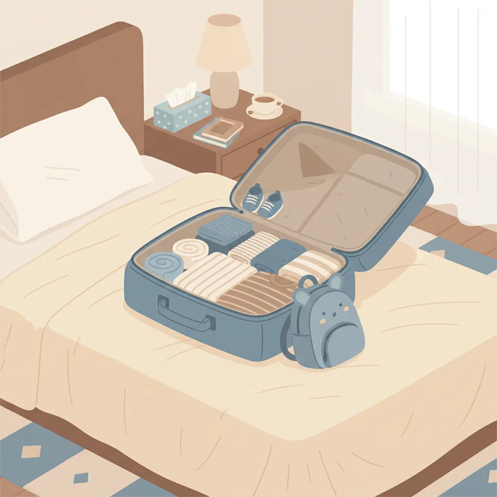 A packed suitcase open on a bed next to a nursery backpack and a box of tissues