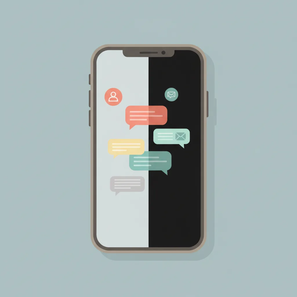 A smartphone screen split down the middle, one half glowing with notification badges, the other half dark and silent.