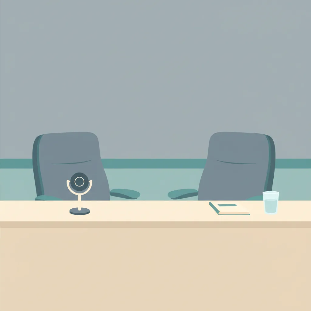 Two identical office chairs at a conference table, one pushed back with a microphone in front, the other tucked in with an empty place setting.