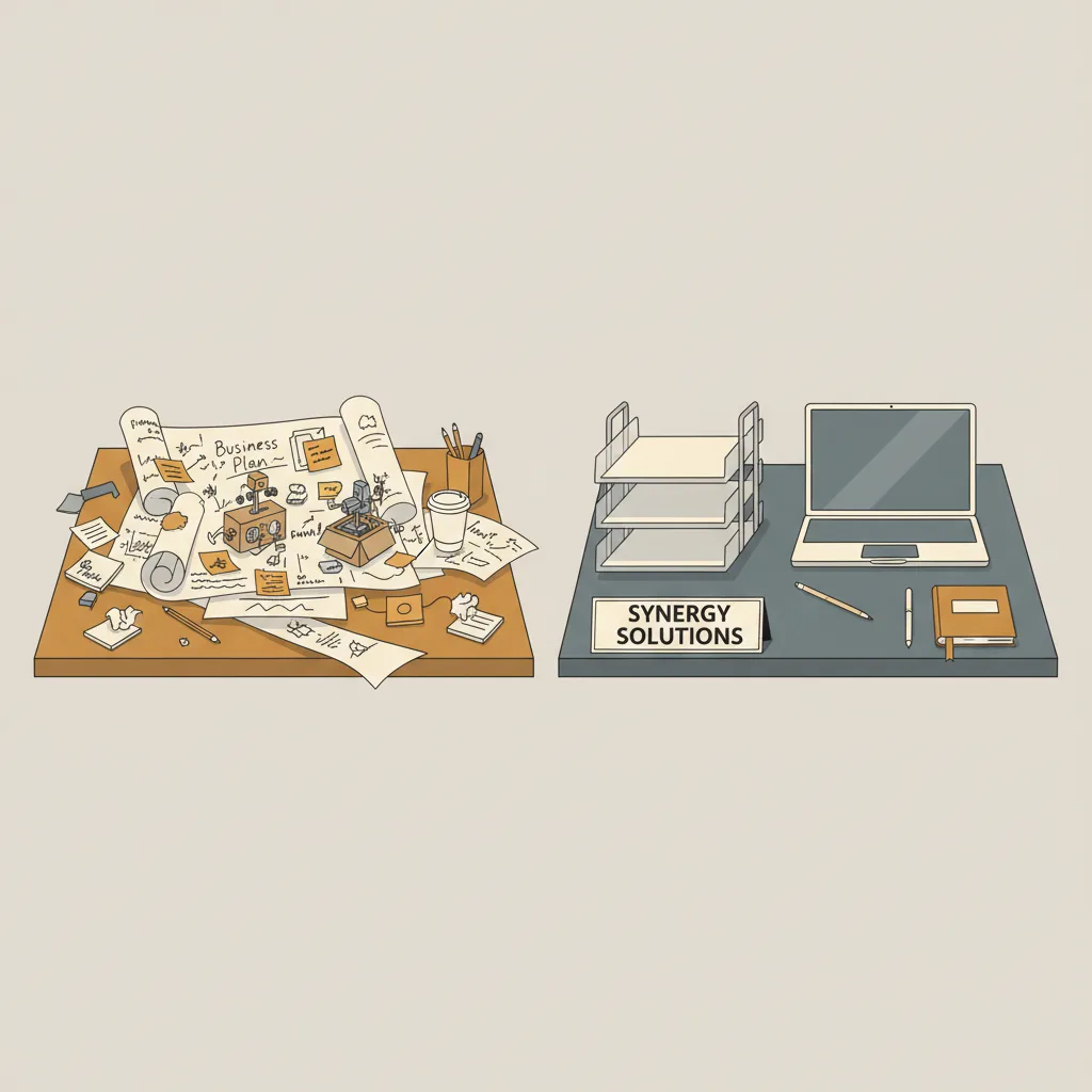 Two desks side by side, one cluttered with startup plans and prototypes, the other neat with a corporate nameplate.
