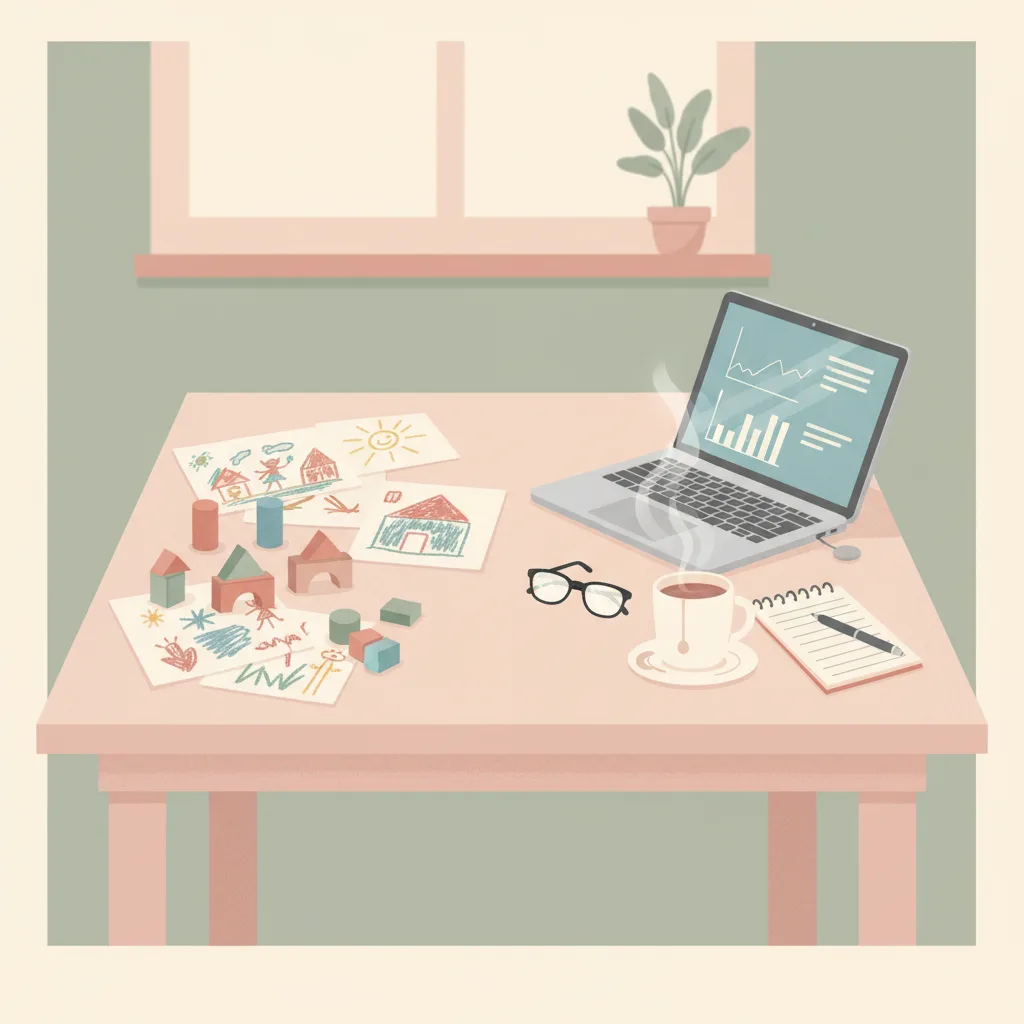 A kitchen table split in two halves, one side with children's drawings and crayons, the other with a laptop and coffee mug.