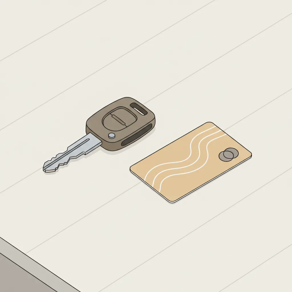 A flat vector illustration of a set of car keys resting on a table next to a bus pass