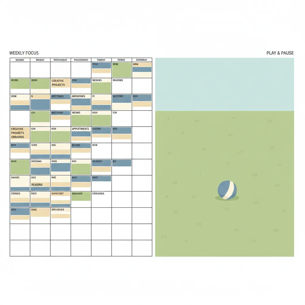 A weekly planner filled with activities next to an empty grass field with a single ball.