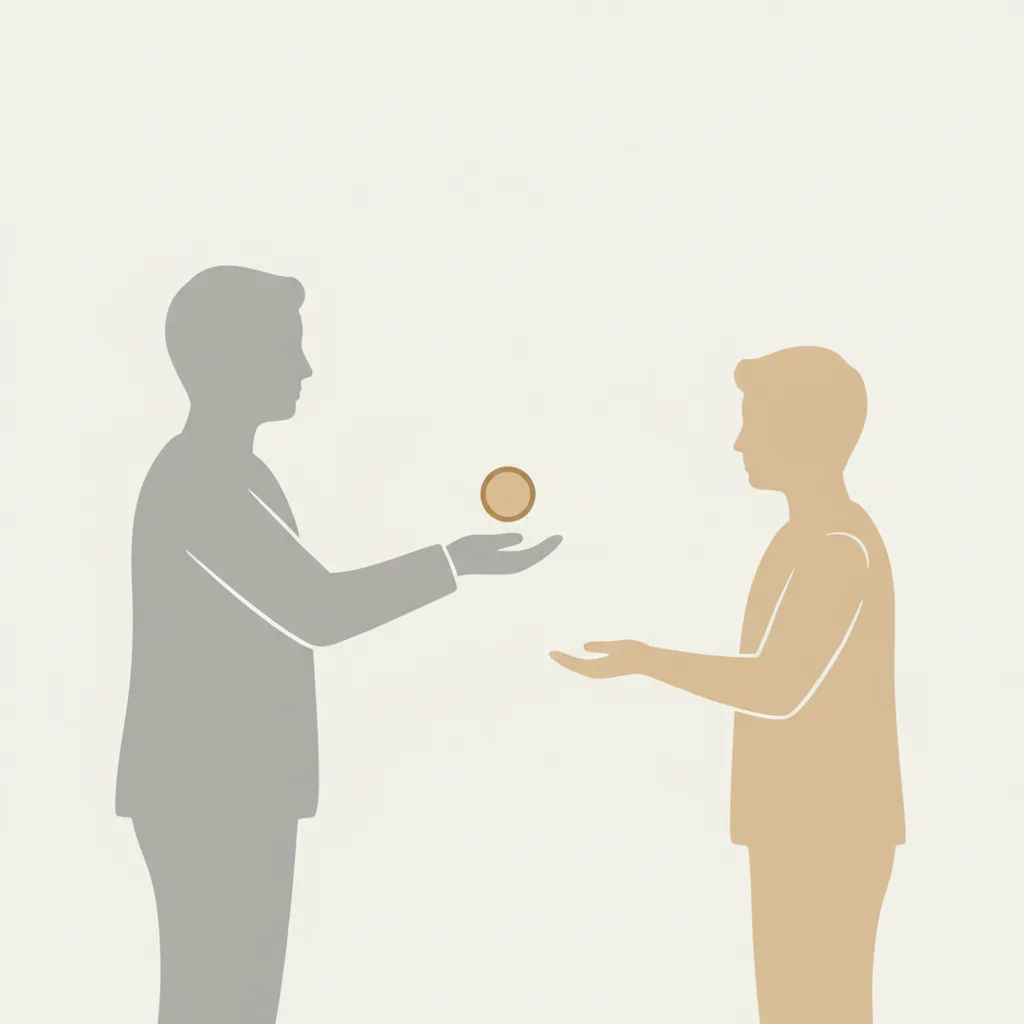 A flat vector illustration of two adult figures — one extending a hand with a coin, one turning away