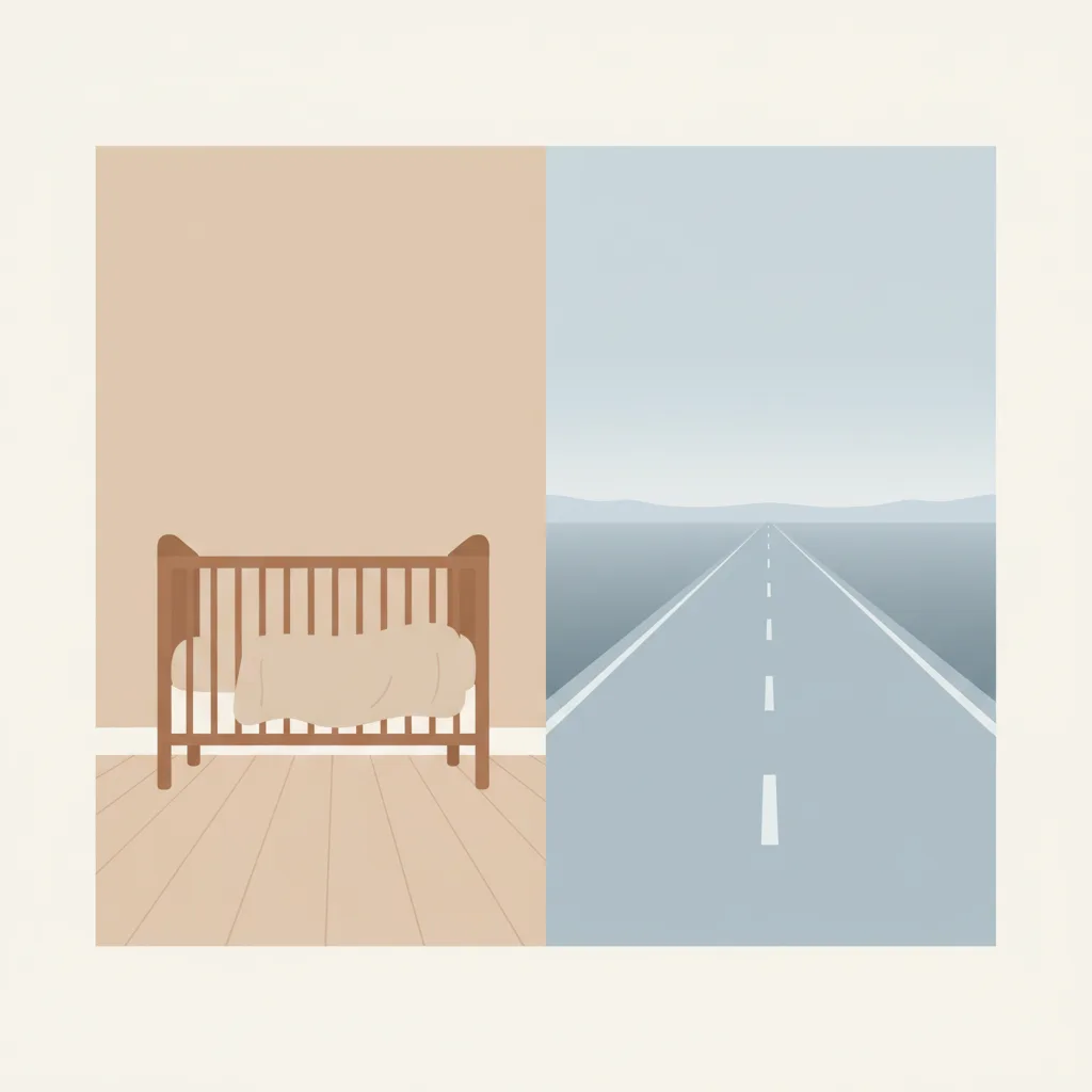 A flat vector illustration of an empty nursery room alongside a simplified open road