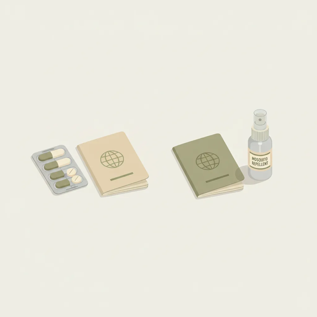 Flat editorial illustration: on the left a small open blister pack of antimalarial tablets beside a folded passport, on the right the same passport beside an empty tabletop with a single bottle of mosquito repellent