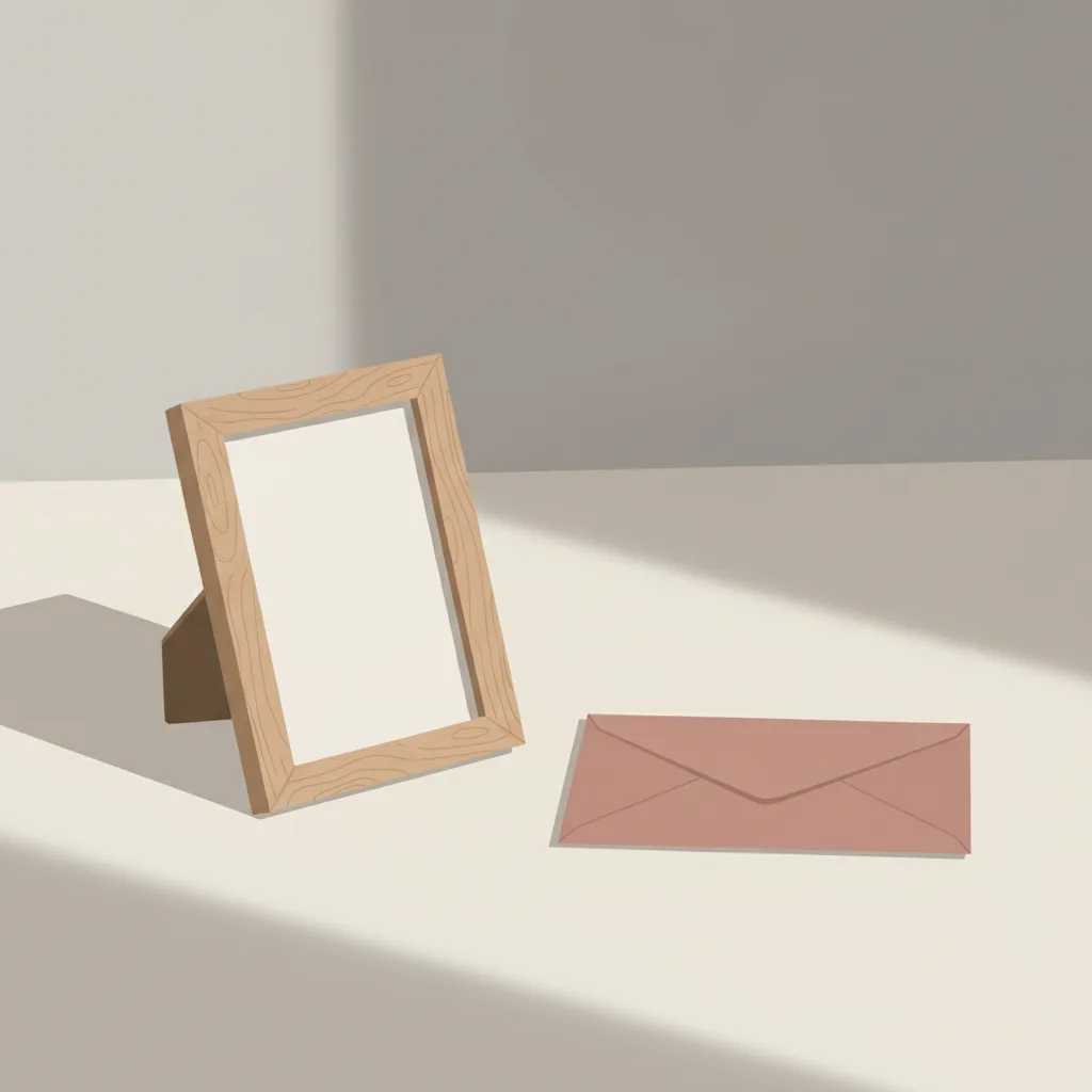 A small wooden picture frame on a table beside a sealed envelope, with soft morning light