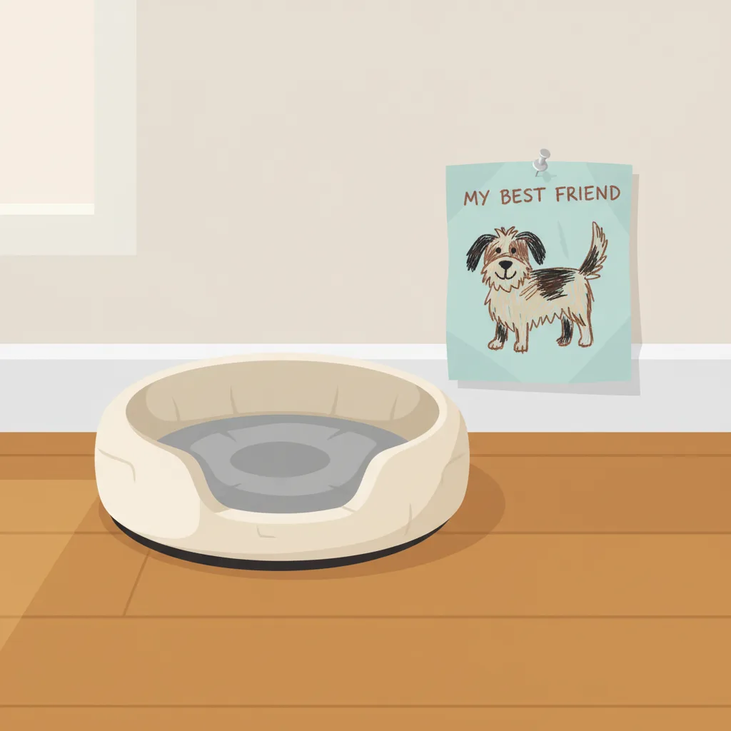 A small empty pet bed beside a simple child's drawing of a dog on the floor