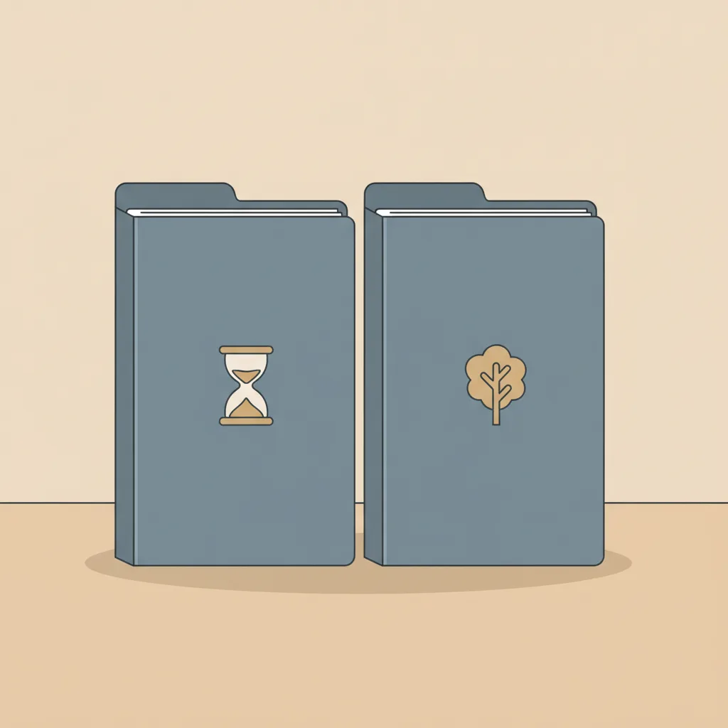 Two identical life insurance policy folders on a desk, one with a clock icon, one with a tree icon.