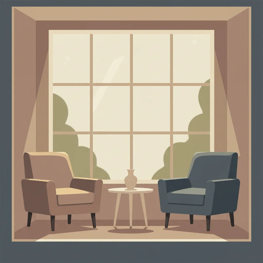 Two chairs facing each other across a small table, one side lit, one in shadow.