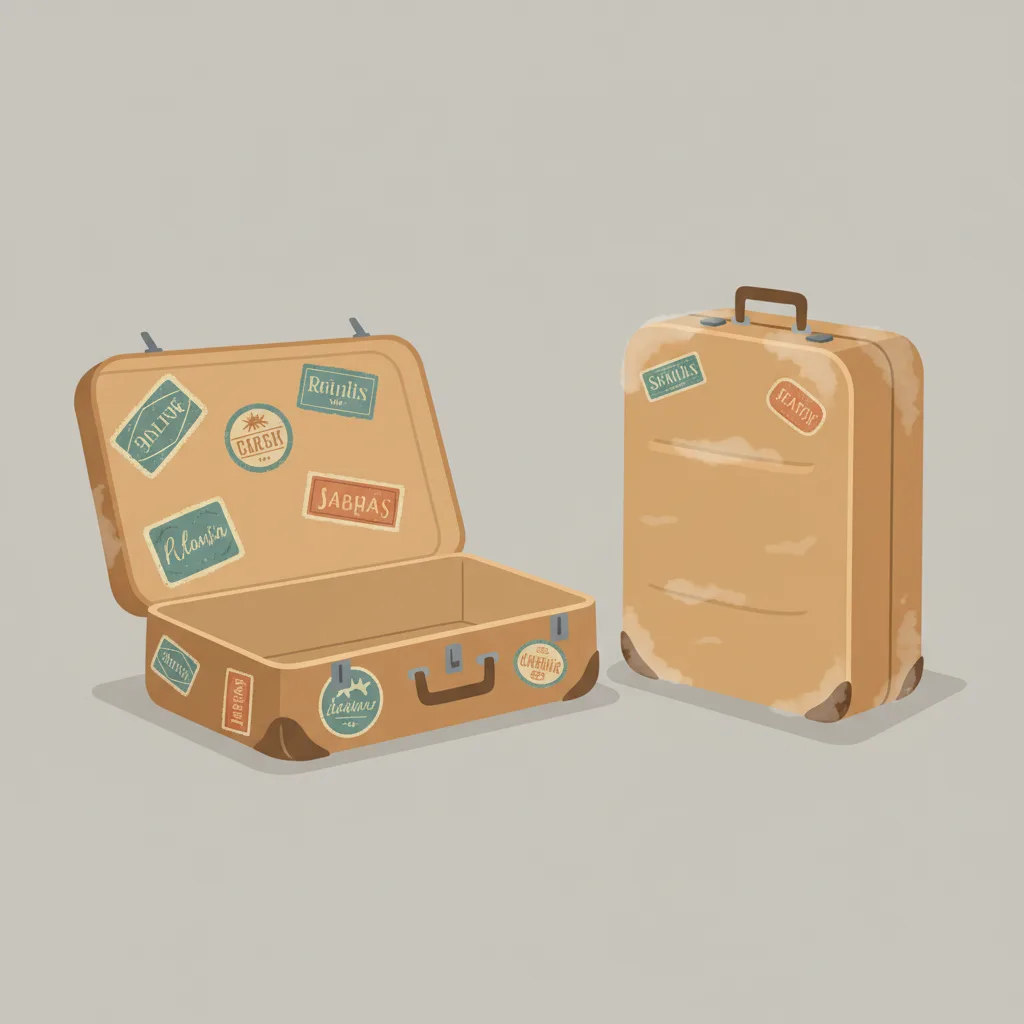 Two identical suitcases side by side, one open and covered with destination stickers, the other closed and dusty.