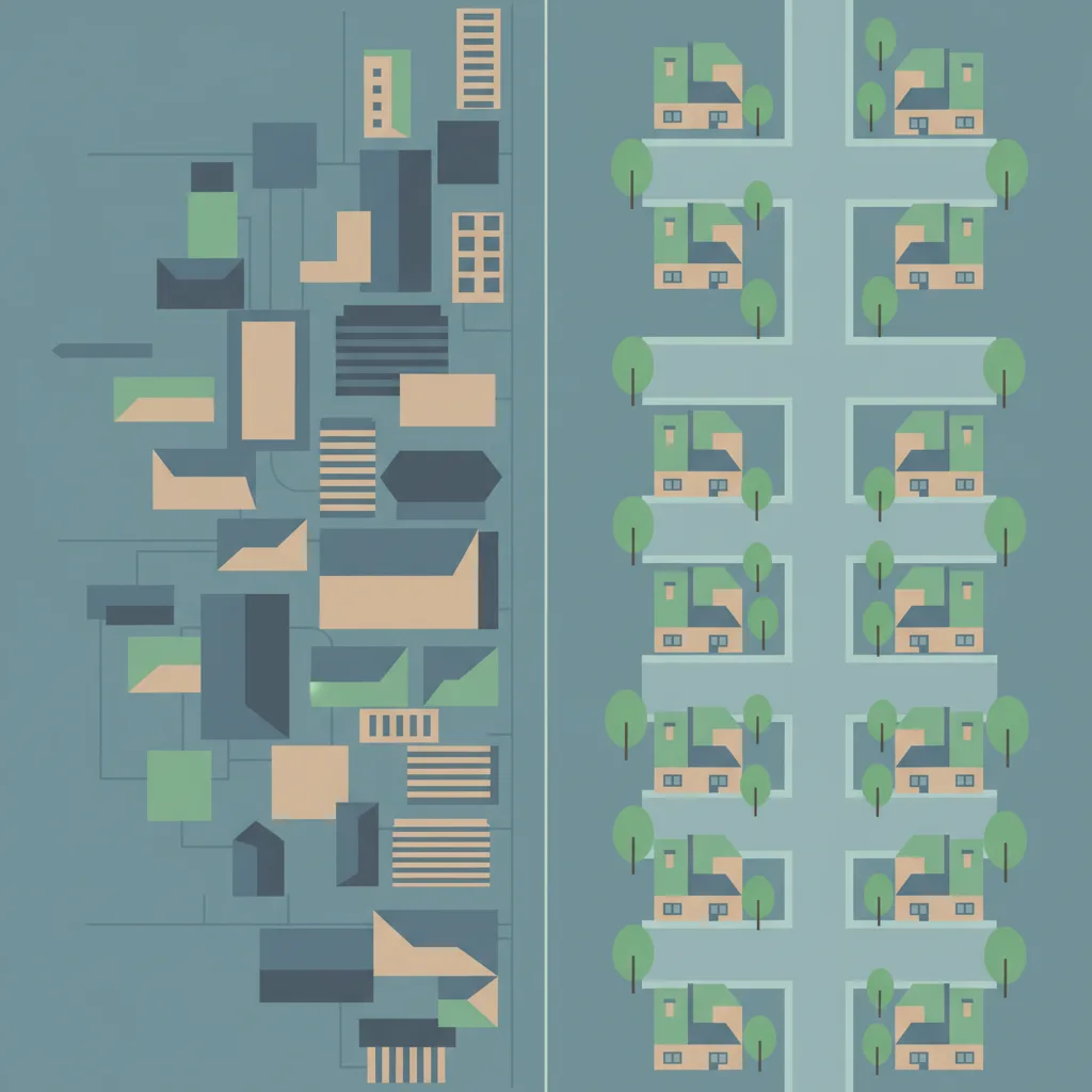 A city skyline and a quiet suburban street separated by a thin vertical line.
