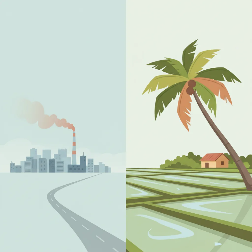 A split scene: city apartment towers on one side and a rice field and village house on the other, in a muted flat illustration style.