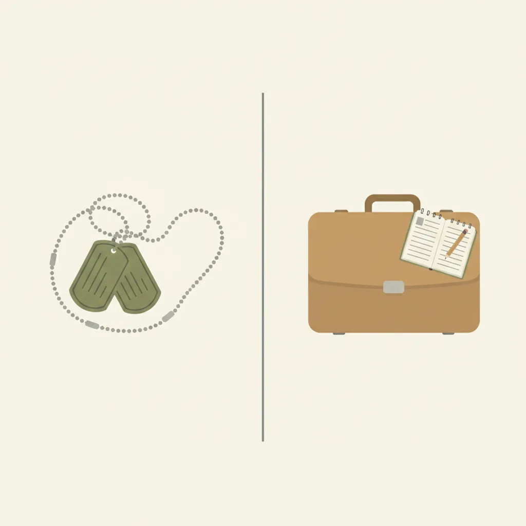 A set of military dog tags beside a civilian briefcase, separated by a line on a plain surface.