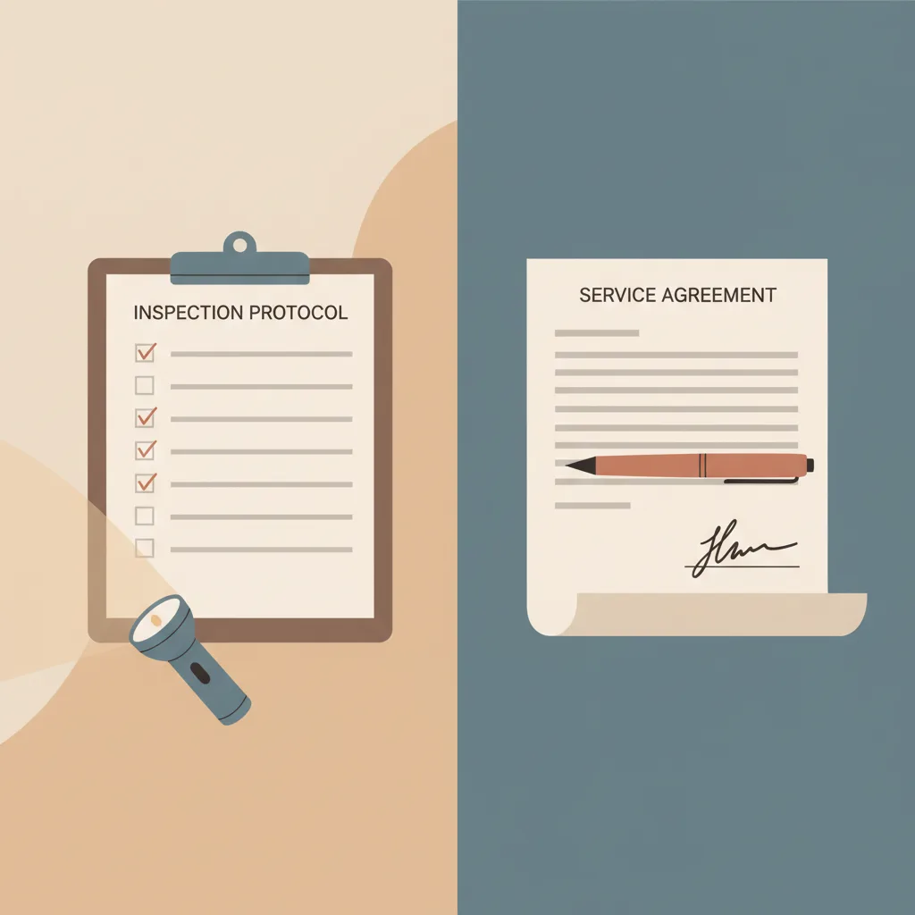 A split image of a clipboard with an inspection checklist on one side and a signed contract without one on the other.