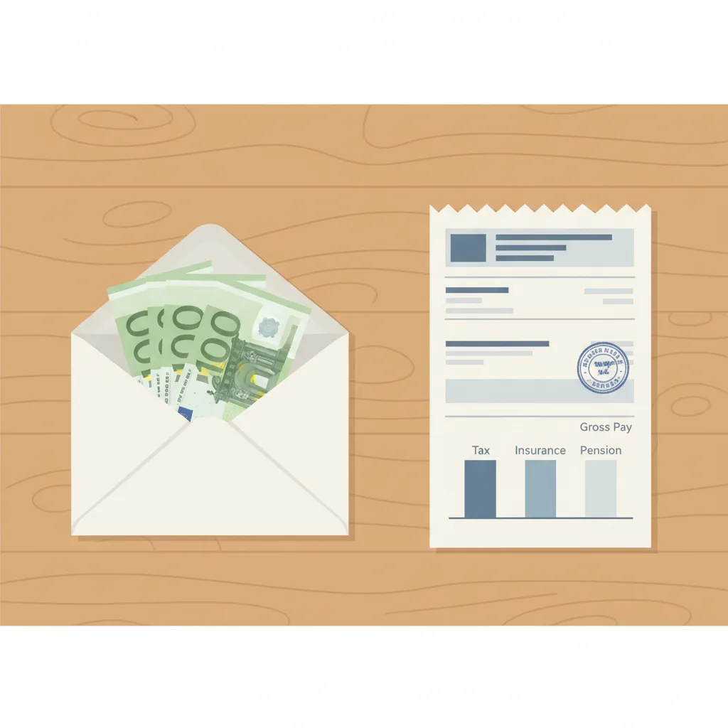 Two contrasting scenes: on one side, a cash envelope handed over; on the other, a payslip with official stamps.