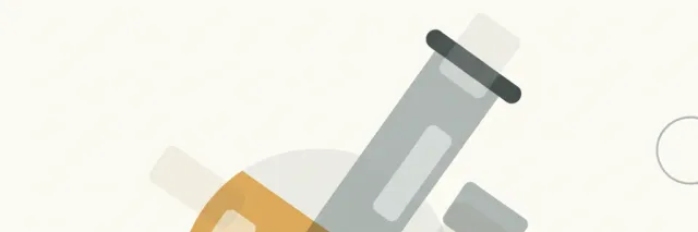 Abstract illustration of a tilted laboratory flask in muted tones, flat editorial style.