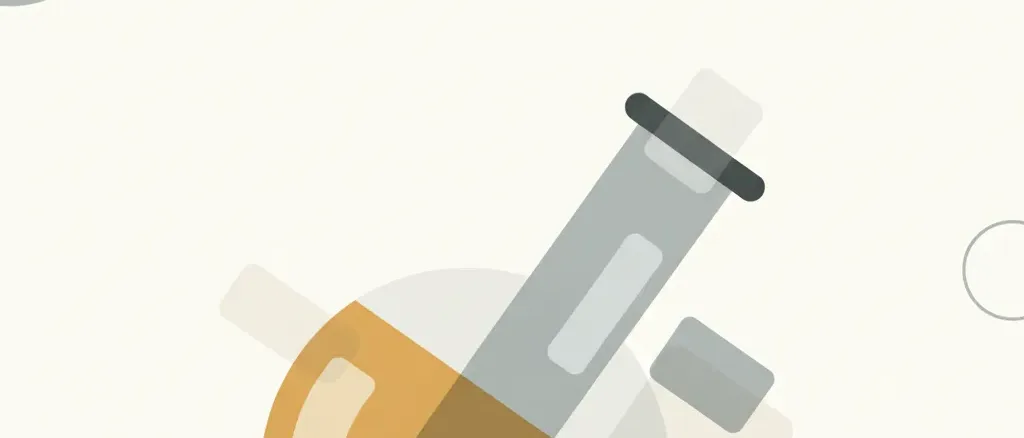 Abstract illustration of a tilted laboratory flask in muted tones, flat editorial style.