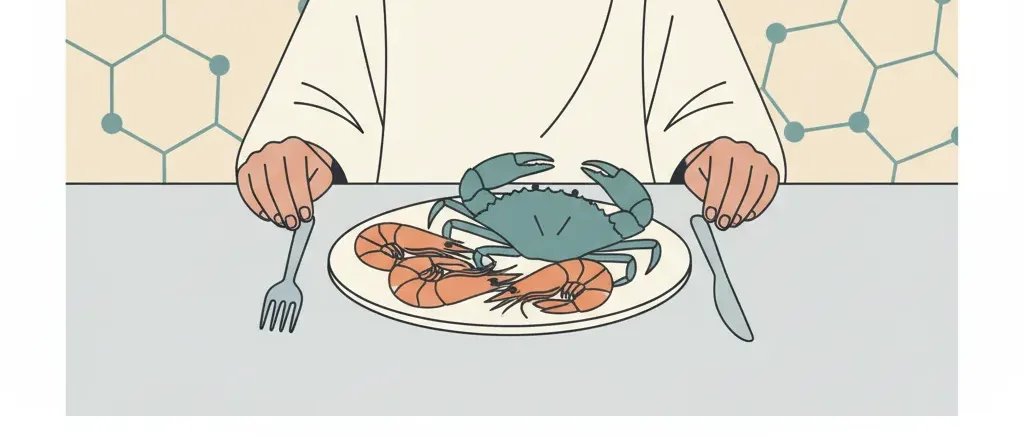 A person at a table looking cautiously at a plate of shellfish, flat editorial illustration.