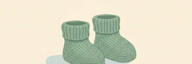 A single pair of small knitted booties resting on a plain light surface, flat vector illustration, muted colors.