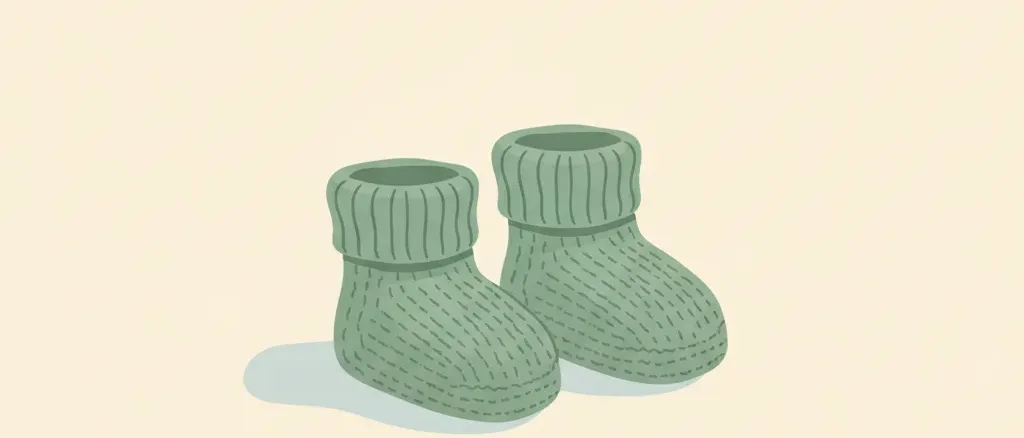 A single pair of small knitted booties resting on a plain light surface, flat vector illustration, muted colors.