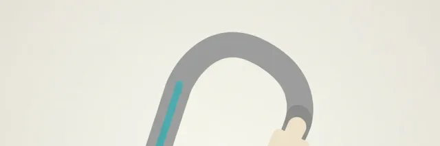 A single climbing carabiner resting on a pale neutral surface, flat vector illustration in muted greys with a single cool-blue accent.