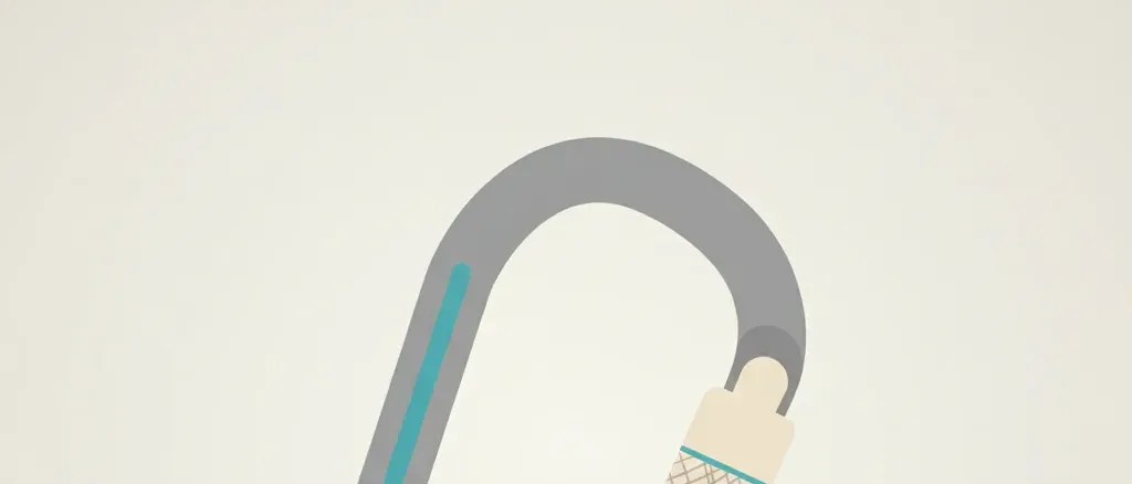 A single climbing carabiner resting on a pale neutral surface, flat vector illustration in muted greys with a single cool-blue accent.