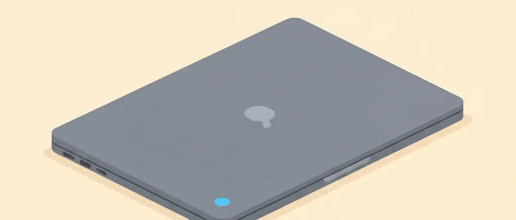 A single closed laptop on a plain desk surface with a small blue notification dot visible at the lid edge, flat vector illustration in muted tones.