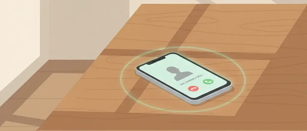 A single smartphone resting face-up on a wooden kitchen table, screen showing only a blank incoming call, no caller ID, no people in the frame.