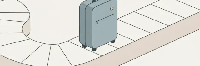 A single suitcase on an empty baggage carousel with a question mark, flat vector illustration in muted tones.