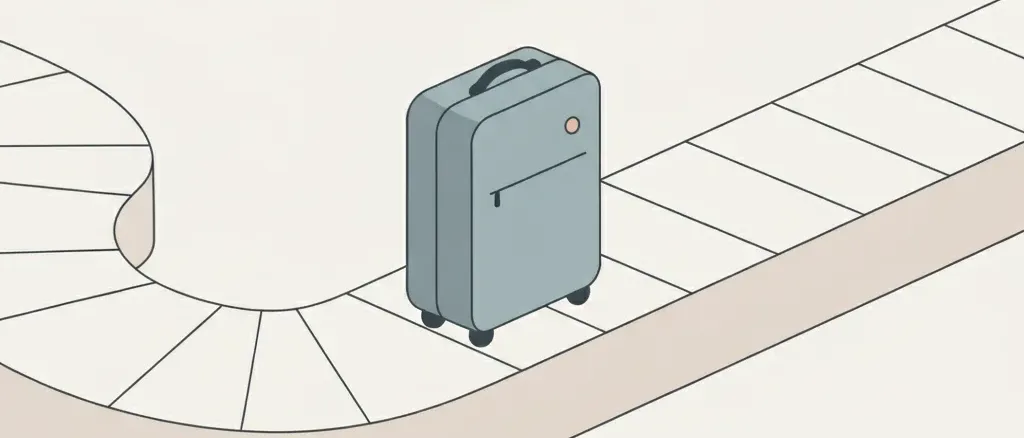 A single suitcase on an empty baggage carousel with a question mark, flat vector illustration in muted tones.