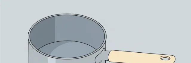 A single aluminum saucepan on a clean kitchen surface, flat vector illustration in muted tones.