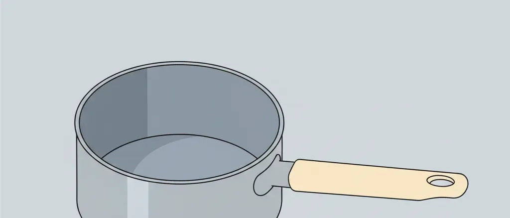 A single aluminum saucepan on a clean kitchen surface, flat vector illustration in muted tones.