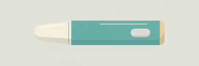 A single unused auto-injector pen resting on a pale neutral background, flat vector illustration.