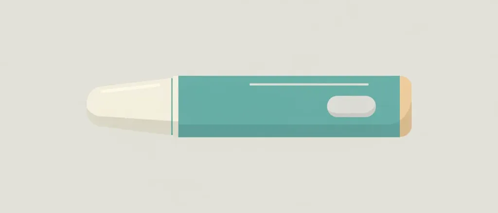 A single unused auto-injector pen resting on a pale neutral background, flat vector illustration.