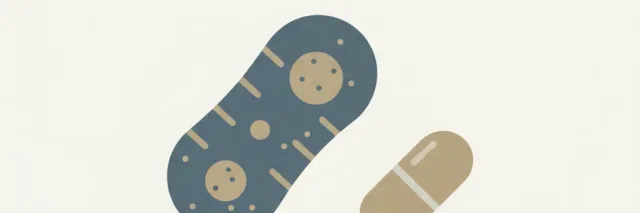 A flat vector illustration of a single bacterial cell with a crossed-out antibiotic capsule nearby, rendered in muted tones.