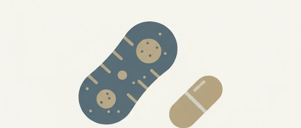 A flat vector illustration of a single bacterial cell with a crossed-out antibiotic capsule nearby, rendered in muted tones.