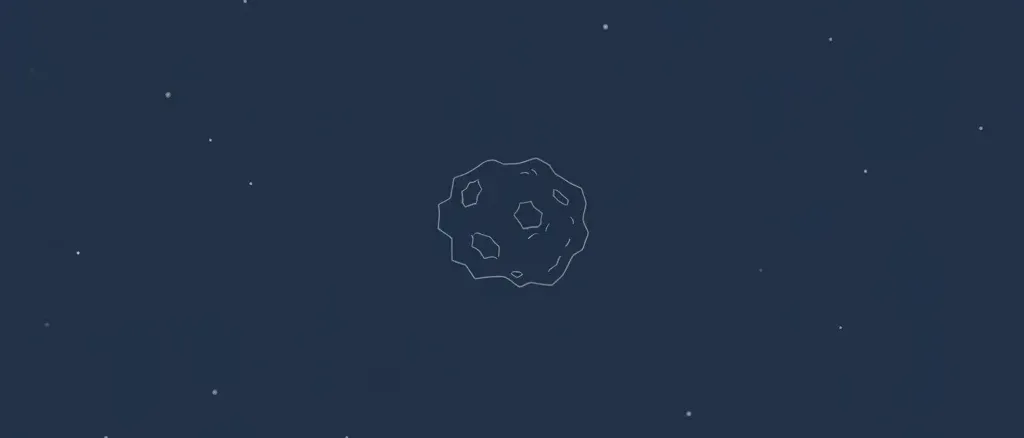 A single stylized asteroid silhouette against a dark sky with faint star-field dots, flat vector illustration.