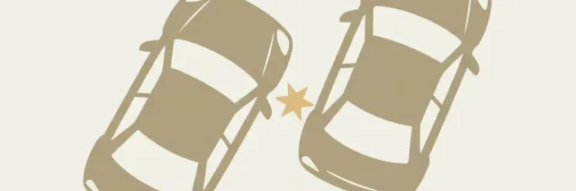 Two simplified car outlines after a collision with a small starburst impact mark, flat vector illustration in muted tones.