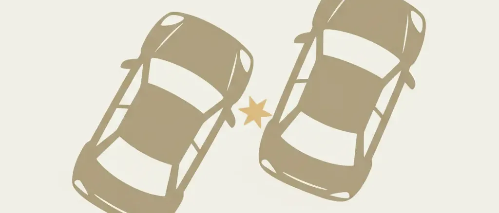 Two simplified car outlines after a collision with a small starburst impact mark, flat vector illustration in muted tones.
