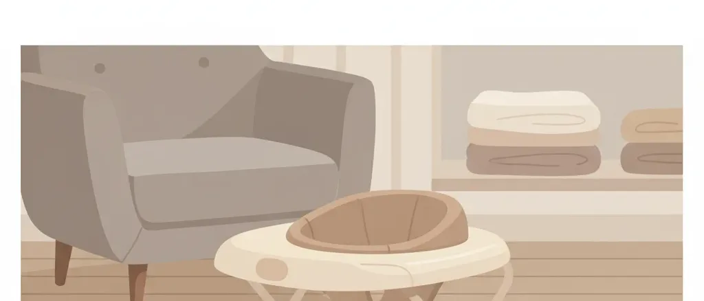An empty baby walker on a wooden floor in a residential interior, viewed from a low angle, flat vector illustration in muted tones.