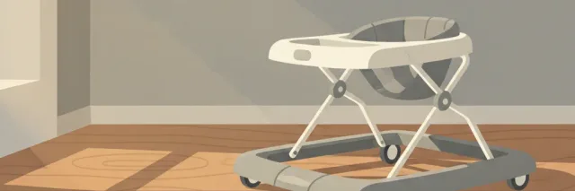 A baby walker positioned at the top of a residential staircase, no child visible, viewed from the side, flat vector illustration in muted tones.