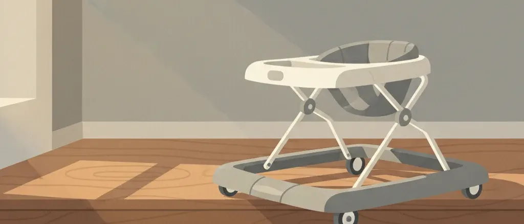 A baby walker positioned at the top of a residential staircase, no child visible, viewed from the side, flat vector illustration in muted tones.