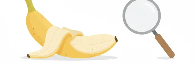A peeled banana on a clean surface next to a small magnifying glass, flat vector illustration in muted tones.