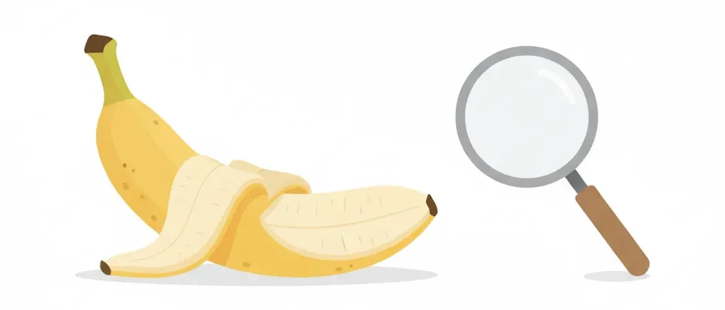 A peeled banana on a clean surface next to a small magnifying glass, flat vector illustration in muted tones.