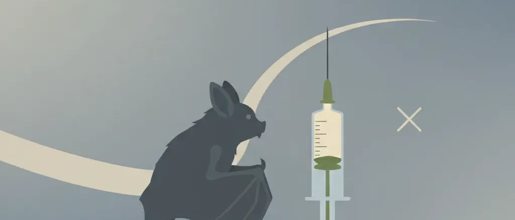 A bat silhouette in profile next to a small syringe representing the rabies vaccine, with a faint hair strand and subtle X in the background