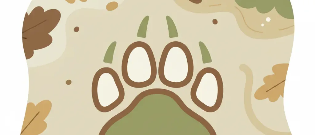 A single stylized bear paw print on a muted forest-floor background, flat vector illustration.