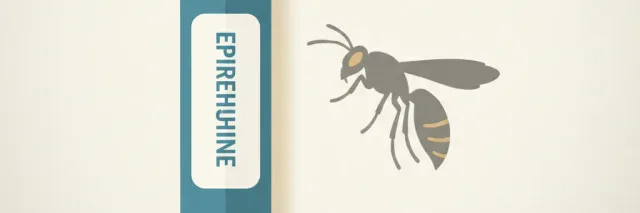 A stylized epinephrine auto-injector beside a wasp silhouette, flat vector editorial illustration.