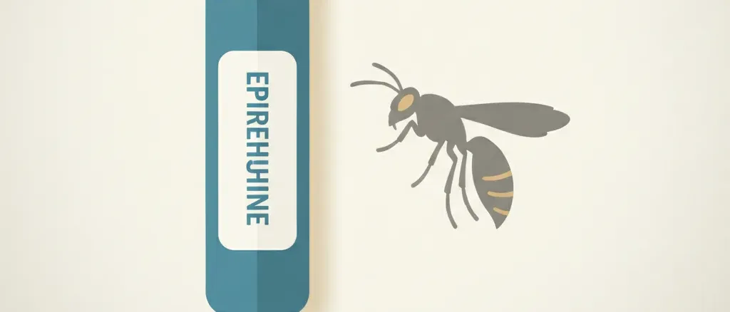 A stylized epinephrine auto-injector beside a wasp silhouette, flat vector editorial illustration.