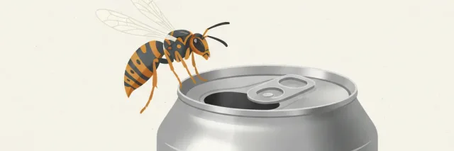 A stylized wasp beside an open drinking can, flat vector editorial illustration.